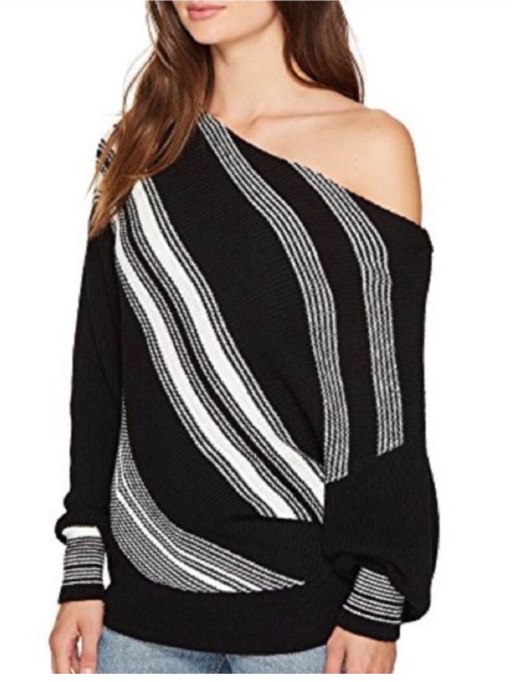 Free People Women’s Sz L Spectrum Black White Off-the-Shoulder Striped Sweater
